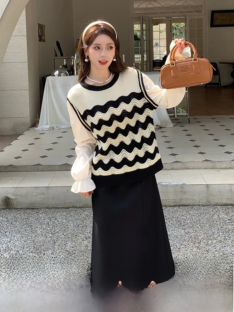 

599699 Вязаный комплект из двух предметов в полоску с высокой талией, юбка трапециевидной формы, повседневная, удобная, больших размеров, модная осенняя одежда, круглая, длинная...