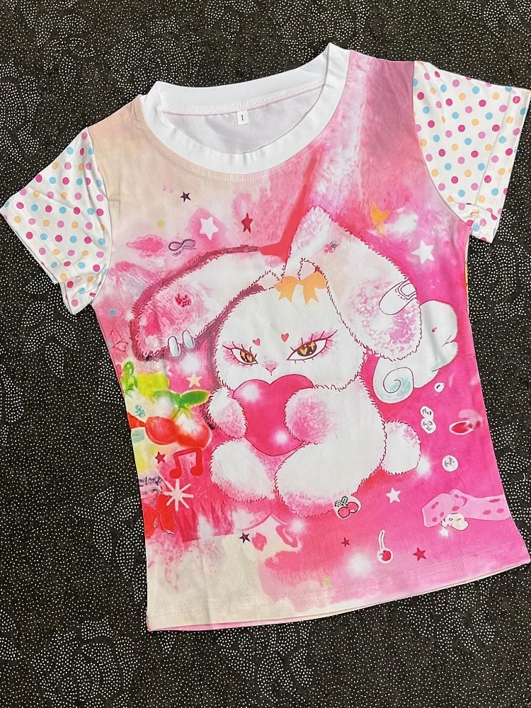 Summer Vintage Cartoon Rabbit Printed T Shirts Women Polka Dot Short Sleeve Crop Tops Slim Y2k Harajuku Female Gothic Tshirt New