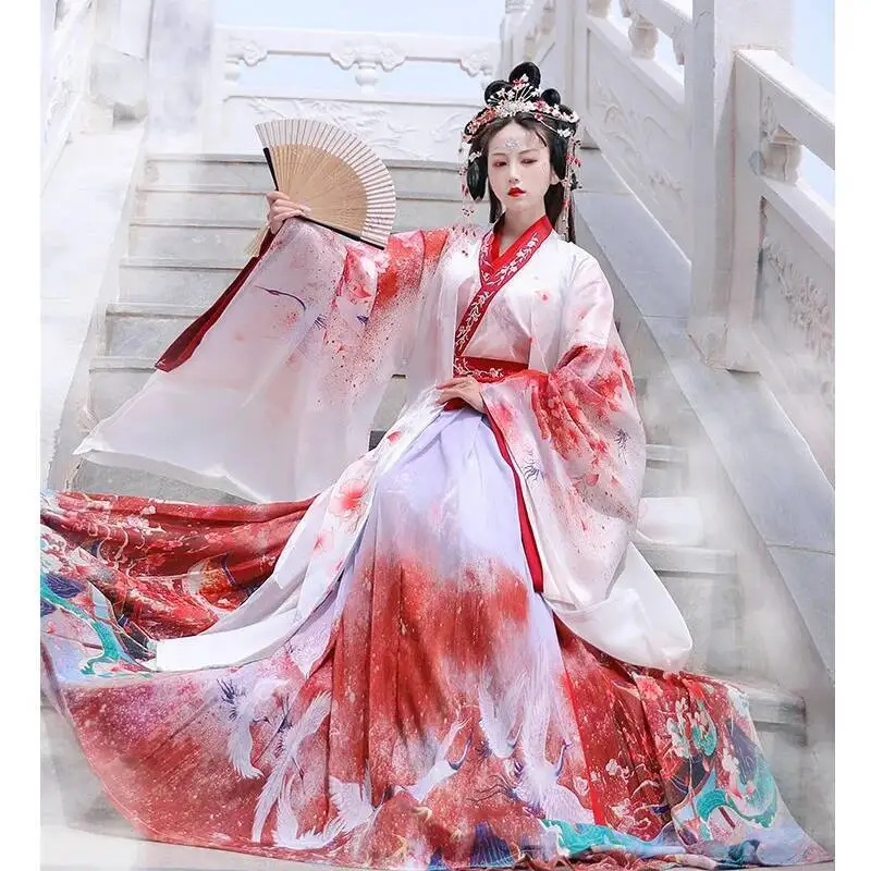 Hanfu de estilo chino, disfraces de Cosplay rojos, morados y blancos, vestidos para mujer, ropa de escenario, bata de danza folclórica, graduación con cuello cruzado