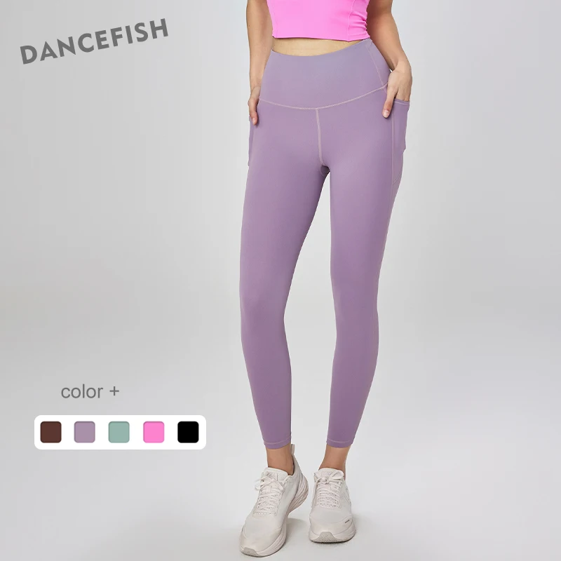 DANCEFISH Women Medium-Intensity Sports Long Pants Peach Hip Tight Side Pocket Activewear Fitness Trainning Yoga Leggings