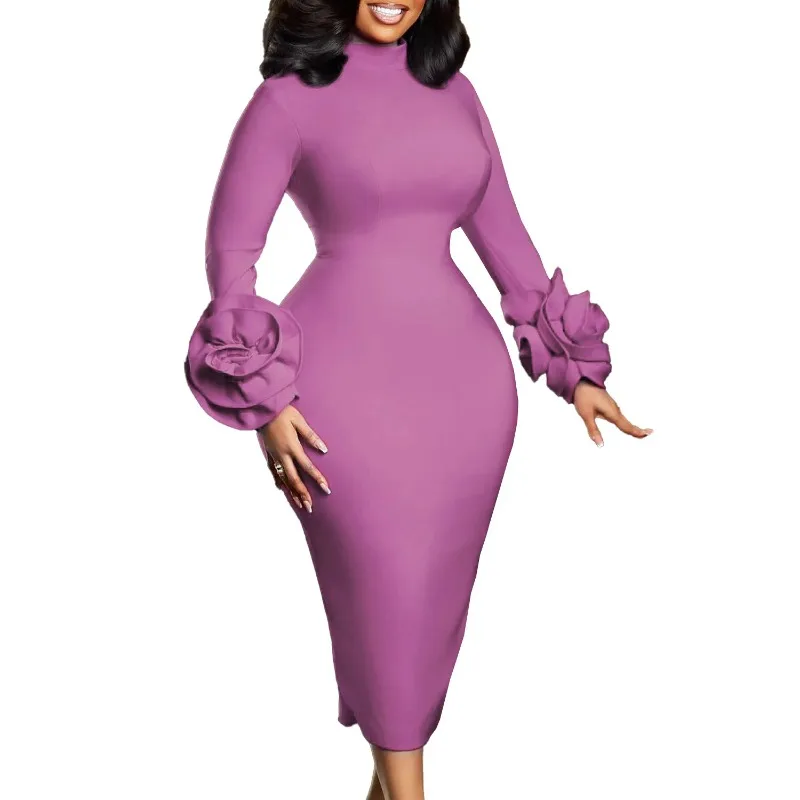 

Dashiki African Dresses for Women Autumn Elegant Long Sleeve Plus Size Flower Bodycon Midi Dress Party Evening African Clothes