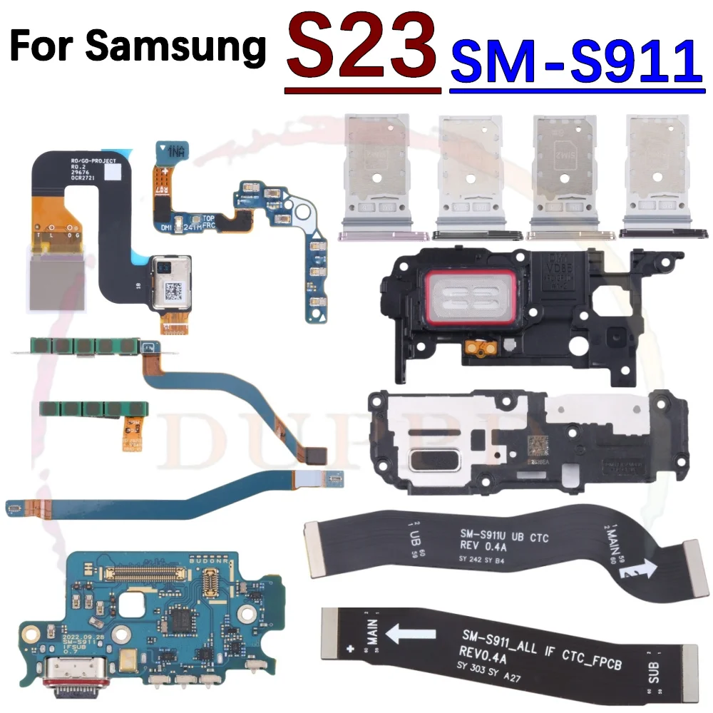 Charging Port Board For Samsung S23 S911 Loudspeaker Ringer Buzzer Fingerprint Sensor On/Off Volume LCD Motherboard Flex Cable