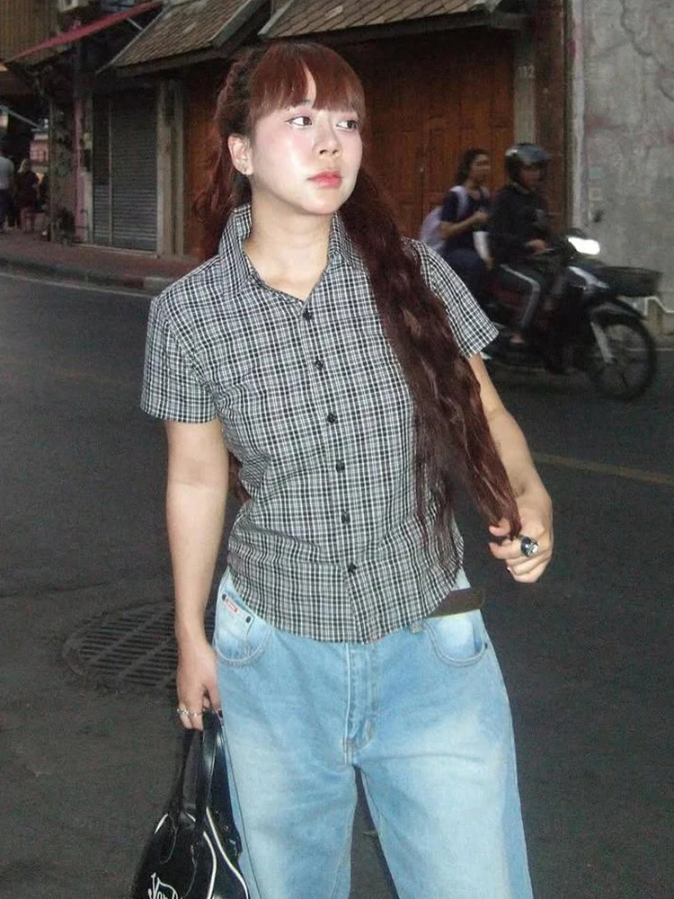 

Nibber Plaid Blouse Women Single-Breasted v-Neck Skinny Summer Trend Street Simple Classic Daily Commute Leisure Versatile Tops