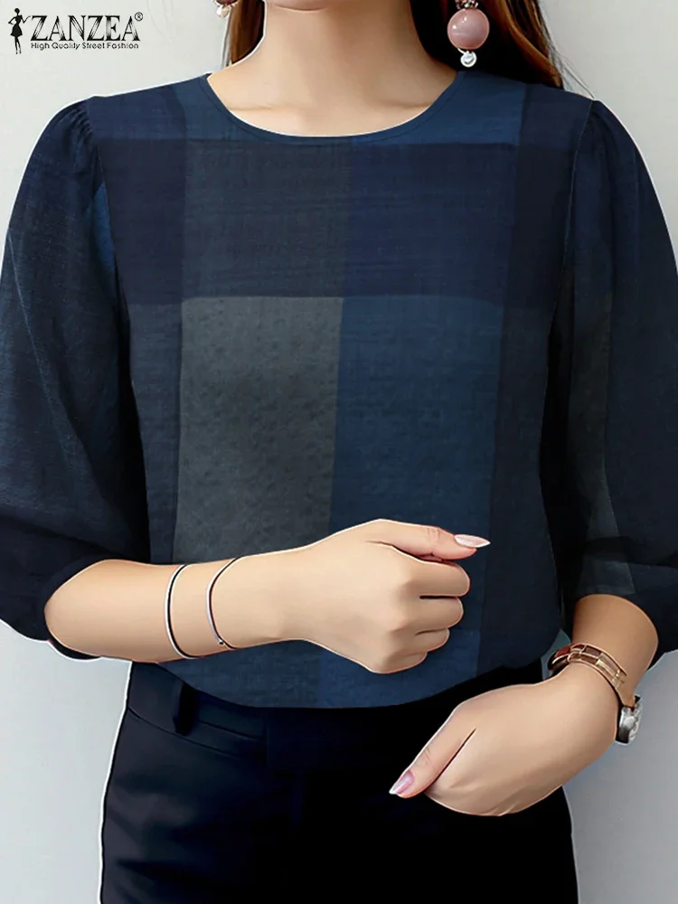 ZANZEA femme Vintage grandes chemisiers à carreaux élégant col rond 3/4 manches bouffantes coton mélange Blusas Mujer été jour porter trajet hauts