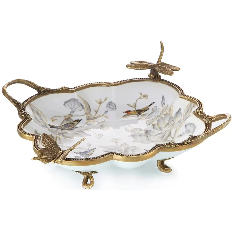 

New white ceramic tray luxury decoration, storage dried fruit tray copper handle container