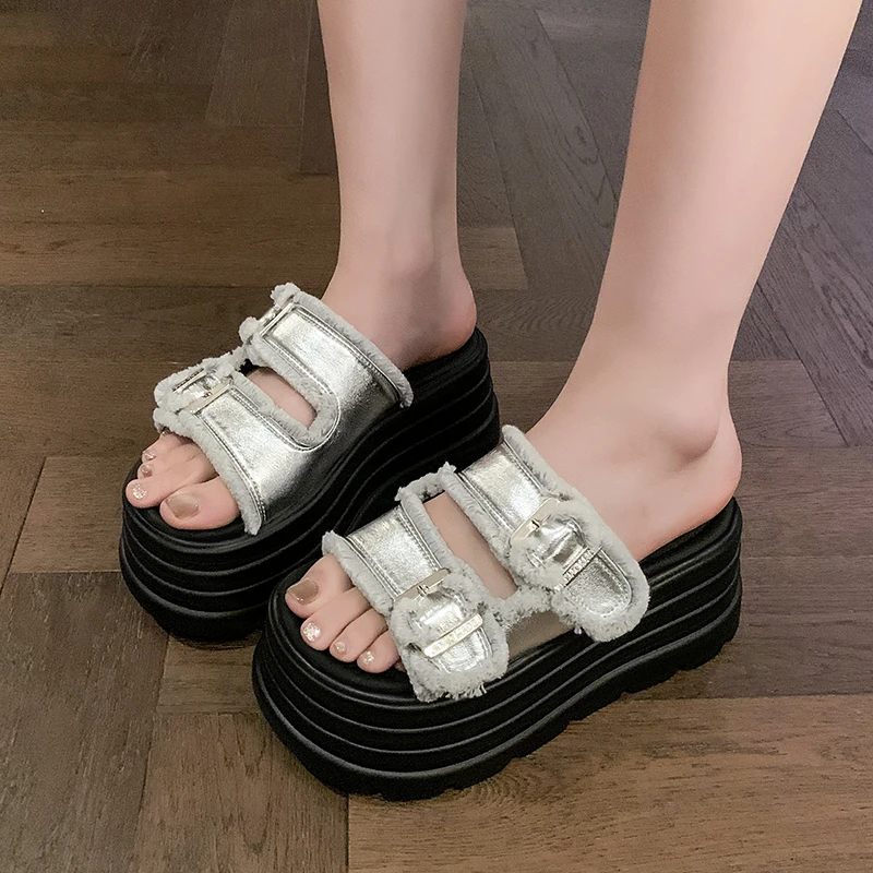 

8CM Chunky Platform Leather Sandals Women Thick Bottom Wedge Slippers Female New Summer Non Slip Beach Shoes Woman Buckle Slides