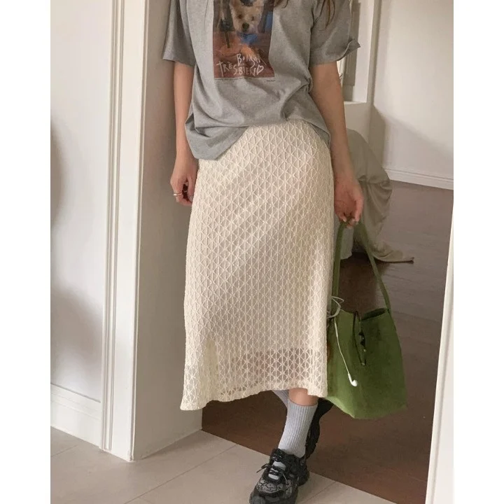 Slimming Elastic Waist Hollow out Versatile Skirt Loose Fit Midi Skirt Polyester Fiber Summer Collection Women's Fashion