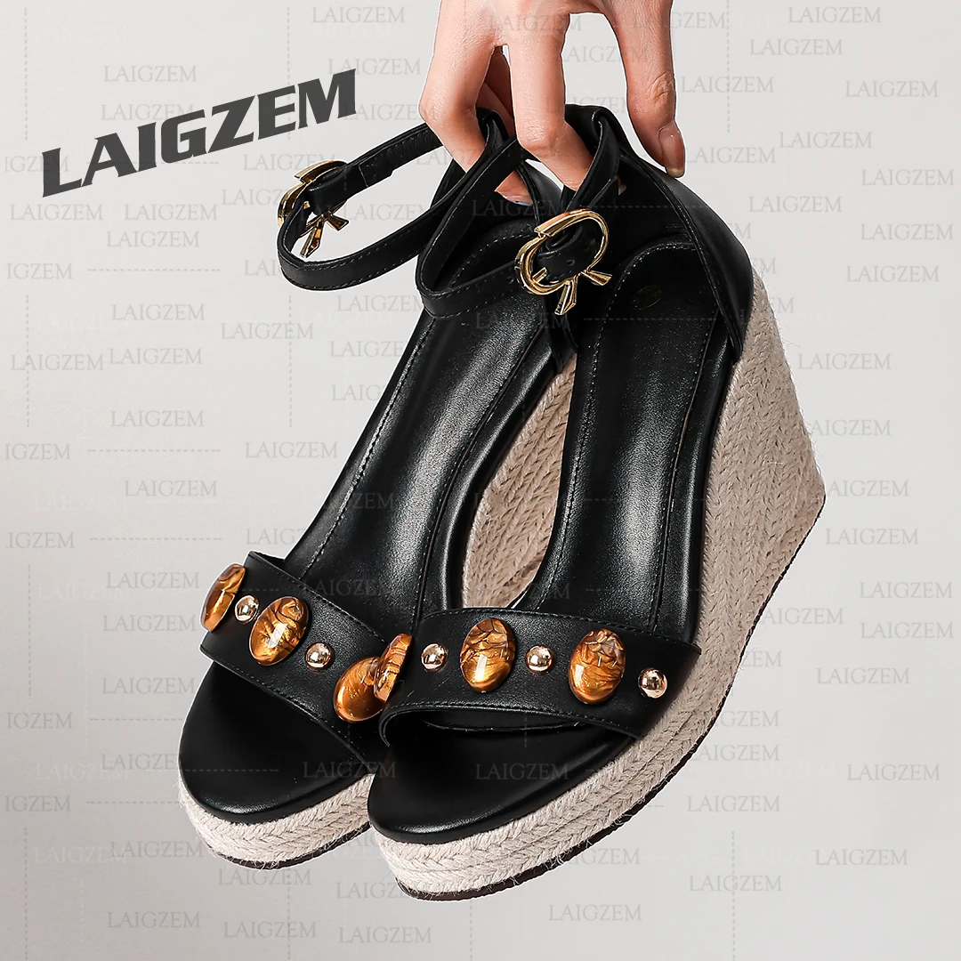 

LAIGZEM Women Sandals Real Leather 9.5CM Wedges High Heels Pumps Ladies Ankle Strap Handmade Shoes Woman Big Size 37 40 43 46