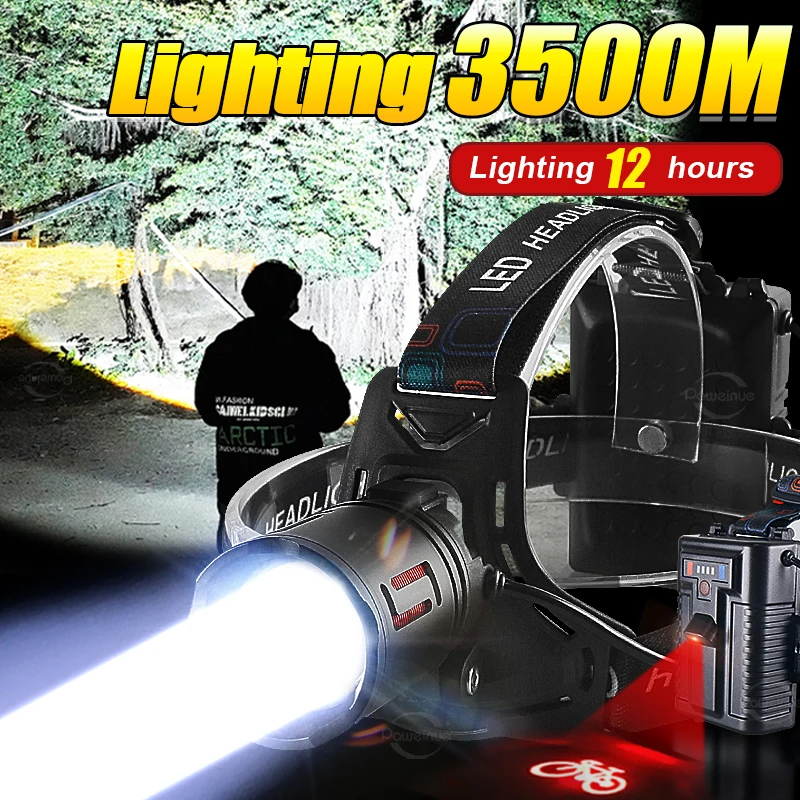 Lighting 3500M Ultra Powerful LED Headlamp Projector Lamp Head Flashlight High Power Rechargeable Headlight Fishing Head Lantern