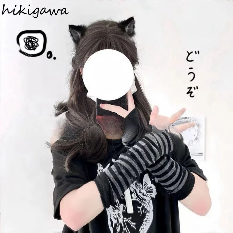 Sarung tangan Anime Jepang overleeve, sarung tangan wanita, sarung tangan Anime, penghangat lengan pergelangan tangan, motif garis rajut, manset hangat, sarung tangan tabir surya, sarung tangan wanita