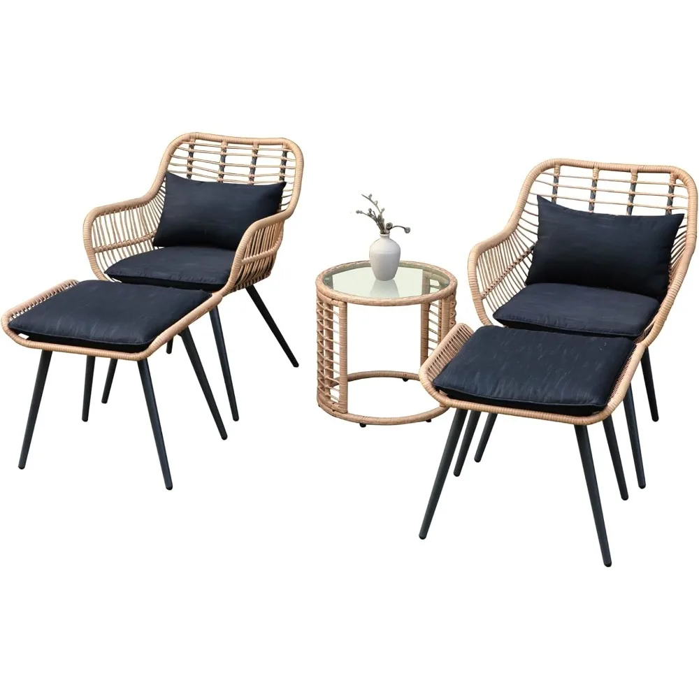 5 Piece Outdoor Wicker Furniture Set, Rattan Bistro All Weather Conversation Set with 2 Ottomans and Coffee Side Table