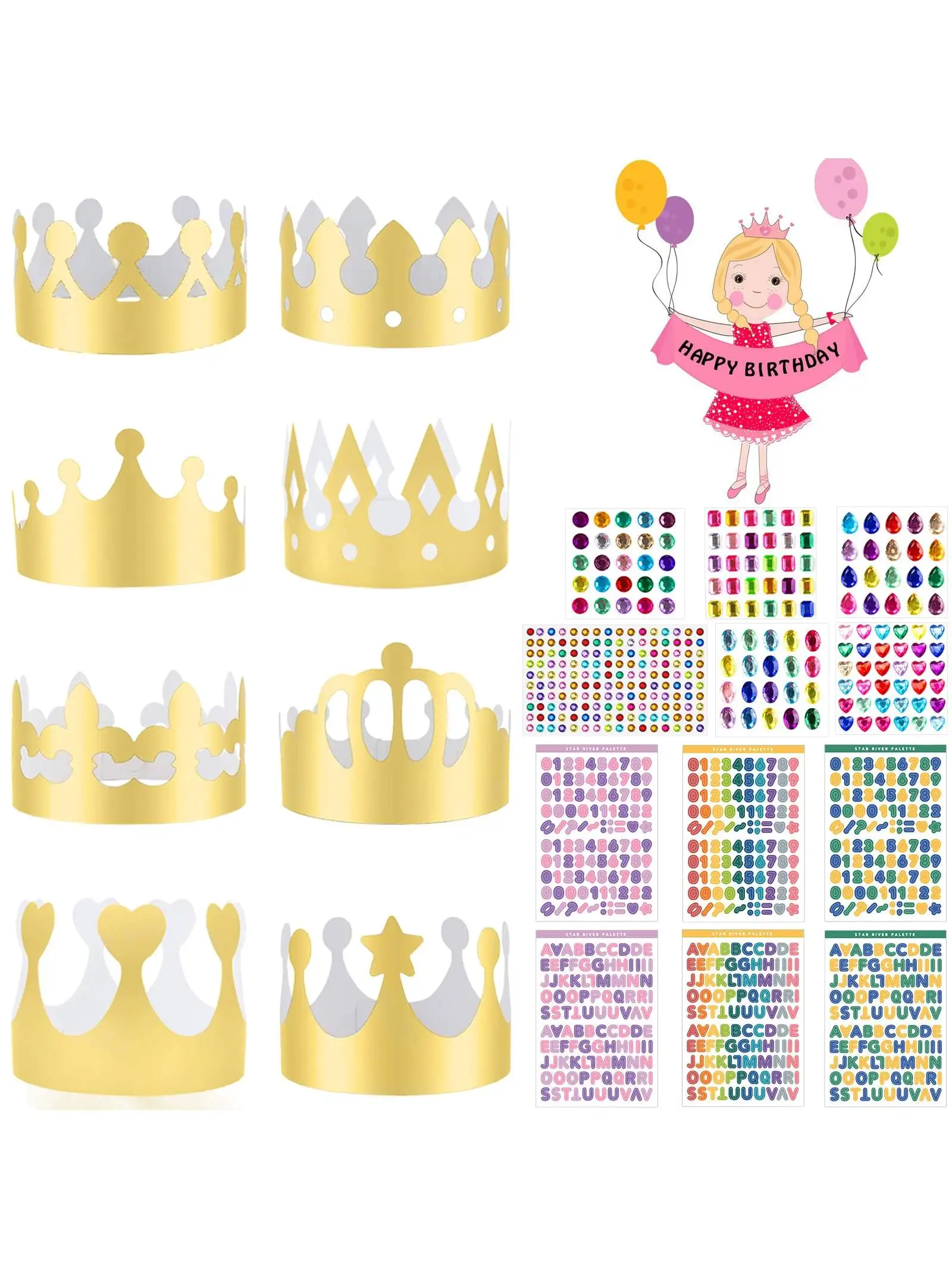 20pcs Gold Paper Crown King Crown Cardboard with Gem Self adhesive and Sticker DIY Party Gold Foil Crown Hat for Birthday Party