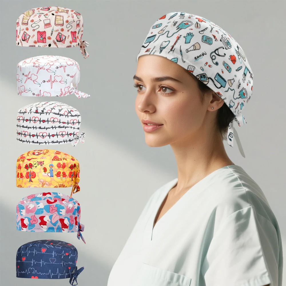 Print Medical Scrub Caps Surgical Caps for Long Hair Operating Room Headwear Pet Clinic Work Hat Doctor Nurses Dentist Caps F