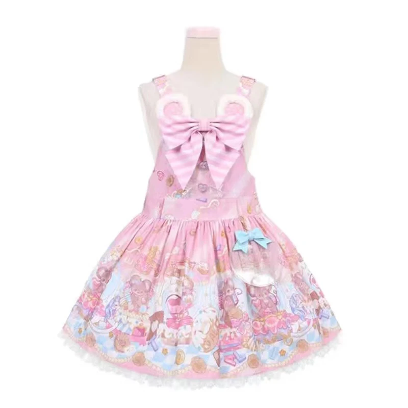 Japanese Gothic Lolita Jsk Dress Women Vintage Sweet Cartoon Sleeveless Princess Party Dresses Girls Kawaii Lace Bow Y2k Dress