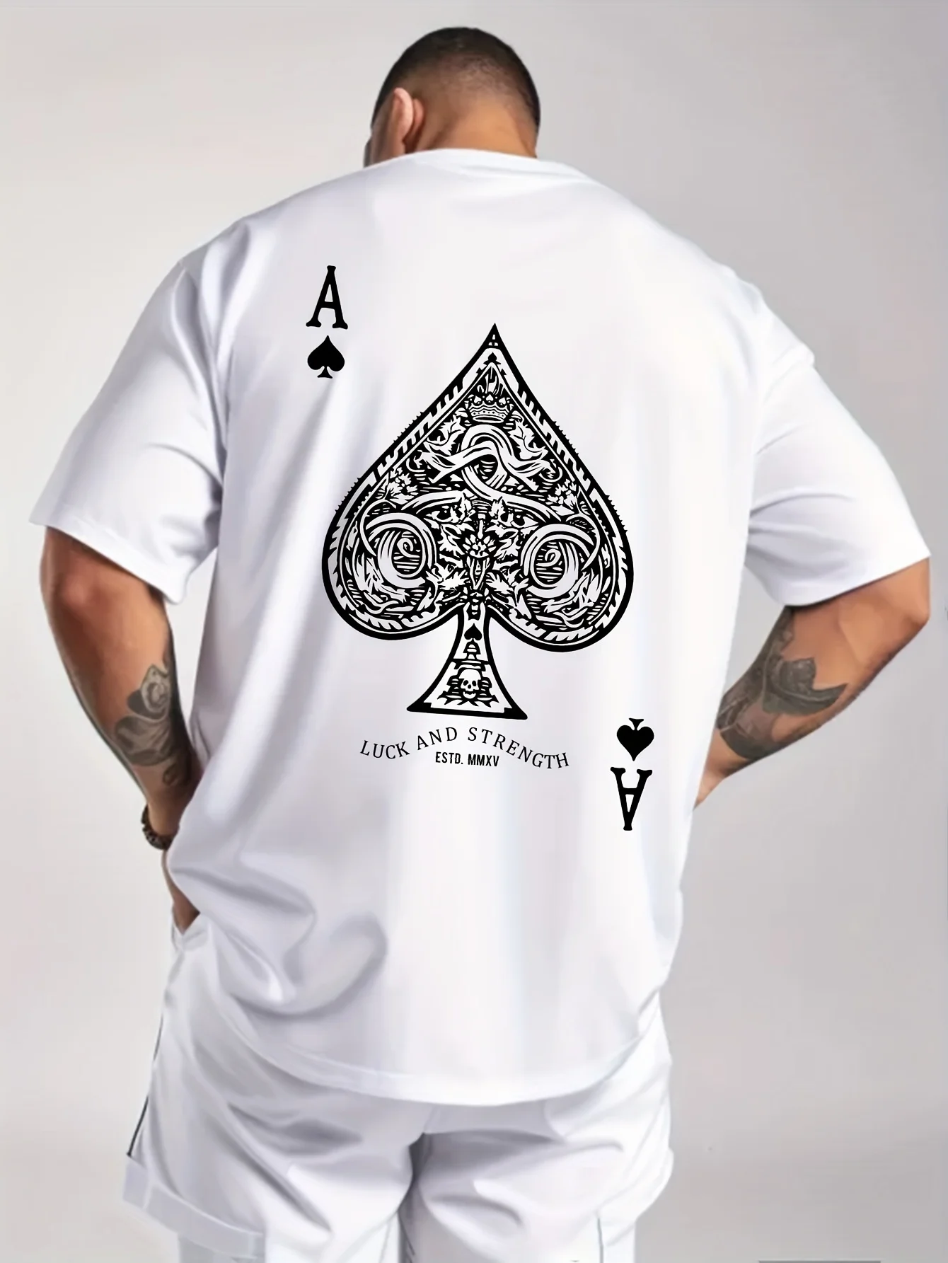 Camiseta Masculina 100% Algodão Casual de Manga Curta Esportiva Solta Retrô com Estampa Ace of Spades Gola Redonda de Verão