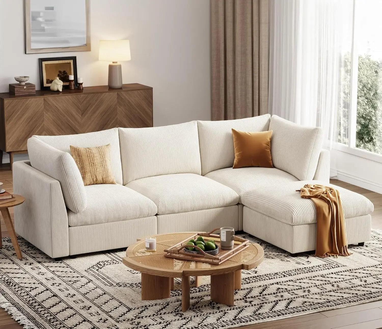 

Oversized Cloud Modular Couch with Storage Ottoman: Extra Deep Seats Corduroy Couches, Comfy Sectional Sofa,White
