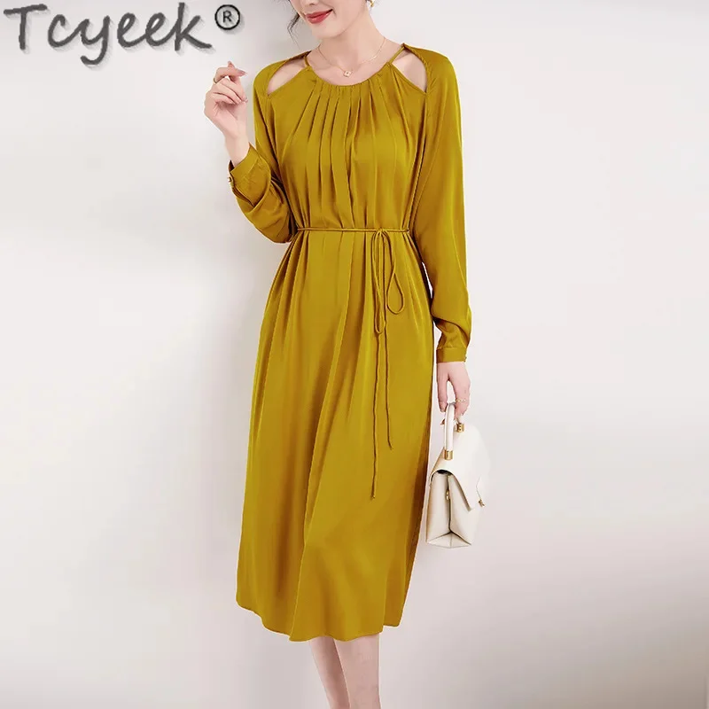 

19MM Tcyeek Heavyweight Real for Women 2024 Spring Summer Womens es Lace-up Waist 92.3% Mulberry Silk Long Dress