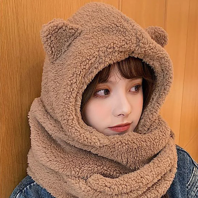 Winter Hat Scarf Gloves Sets for Women Cute Bear Ears One-Piece Plush Thick Warm Beanies Outdoor Cycling Ear Neck Protection Cap