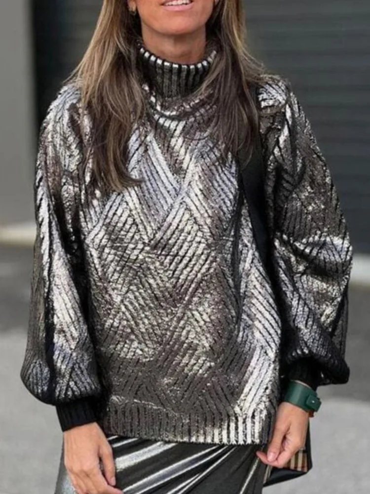 Metallic Color Turtleneck Sweater For Women Elegant Loose Long Sleeve Silver Pullover 2024 Autumn Female Fashion Casual