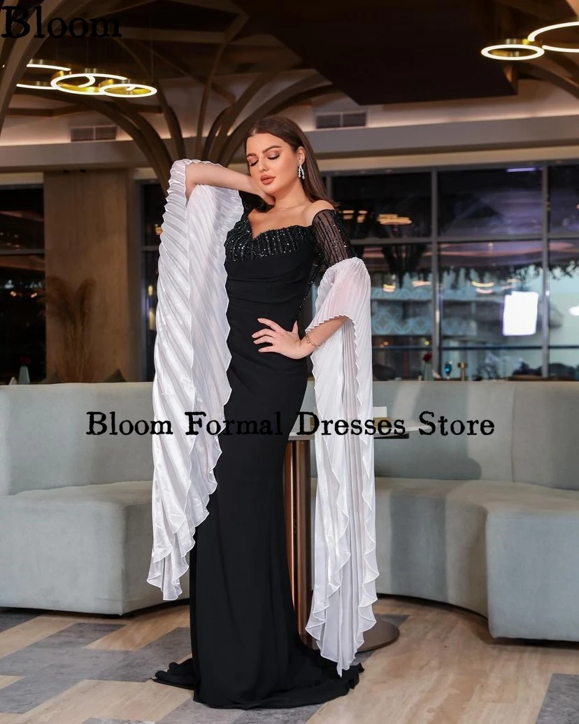 Bloom-Vestidos plisados de manga larga con hombros descubiertos, vestidos de noche con cuentas de lentejuelas, longitud hasta el suelo, vestidos formales de fiesta de boda para graduación