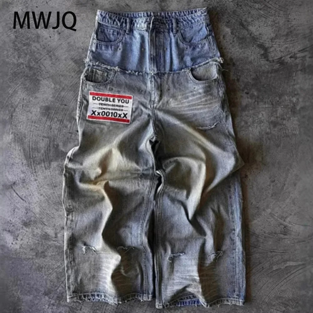 

MWJQ Splicing Double Waist Hole Rivets Design Male Jeans Men Street American Rough Edge Hiphop Bottm Retro Wide Leg Pants 010251