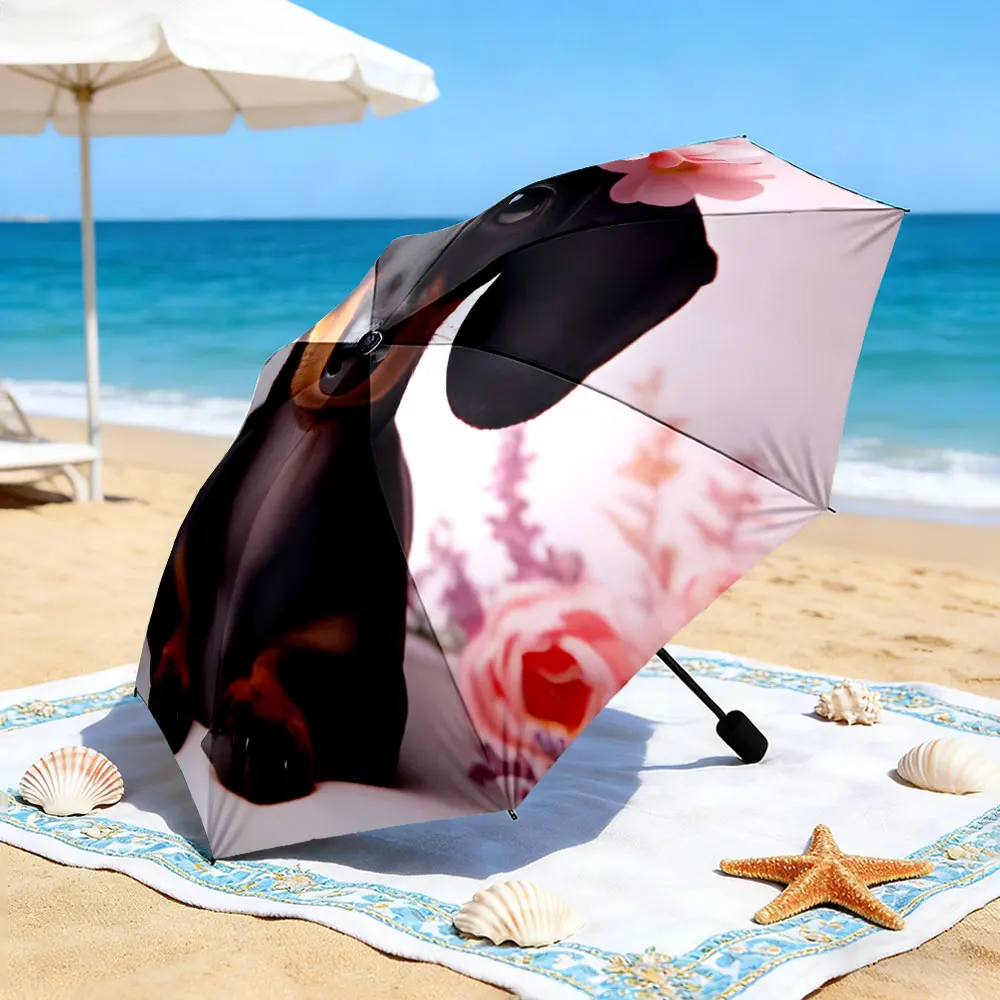 1PC Adorable Dachshund-Themed Umbrella by a Scenic Lake Print 8 Iron Ribs Folding Umbrella Auto-Open Fashion Sunshade