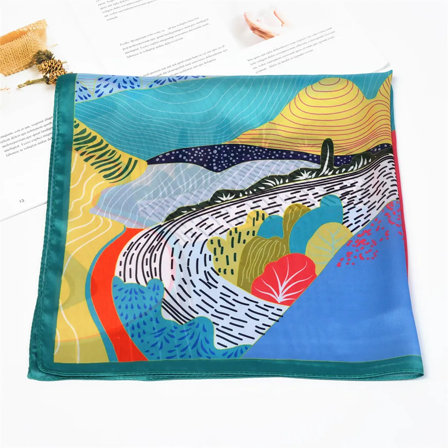 53cm Spring Silk Scarves Women Hand Painted Mountains And Rivers Summer Square Scarf Kerchief Brand Neckerchief For Ladies