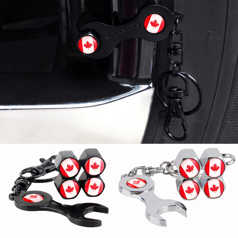 

4PCS Car Wheel Tire Valve Caps Canada Flag Logo Tyre Stem Cover With Keychain For Lexus Jaguar Lincoln Ford Maserati Volvo Acura