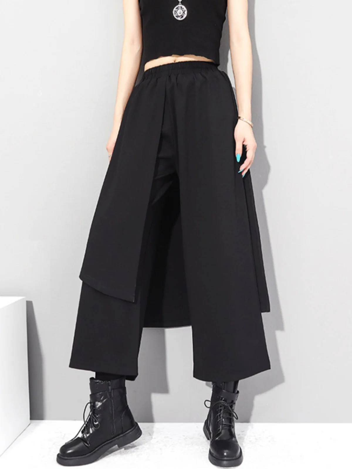 Asymmetric Street Style Loose Wide Leg Pants Patchwork Nine Point Skirt Pants Punk Flavor Casual Trousers for Women