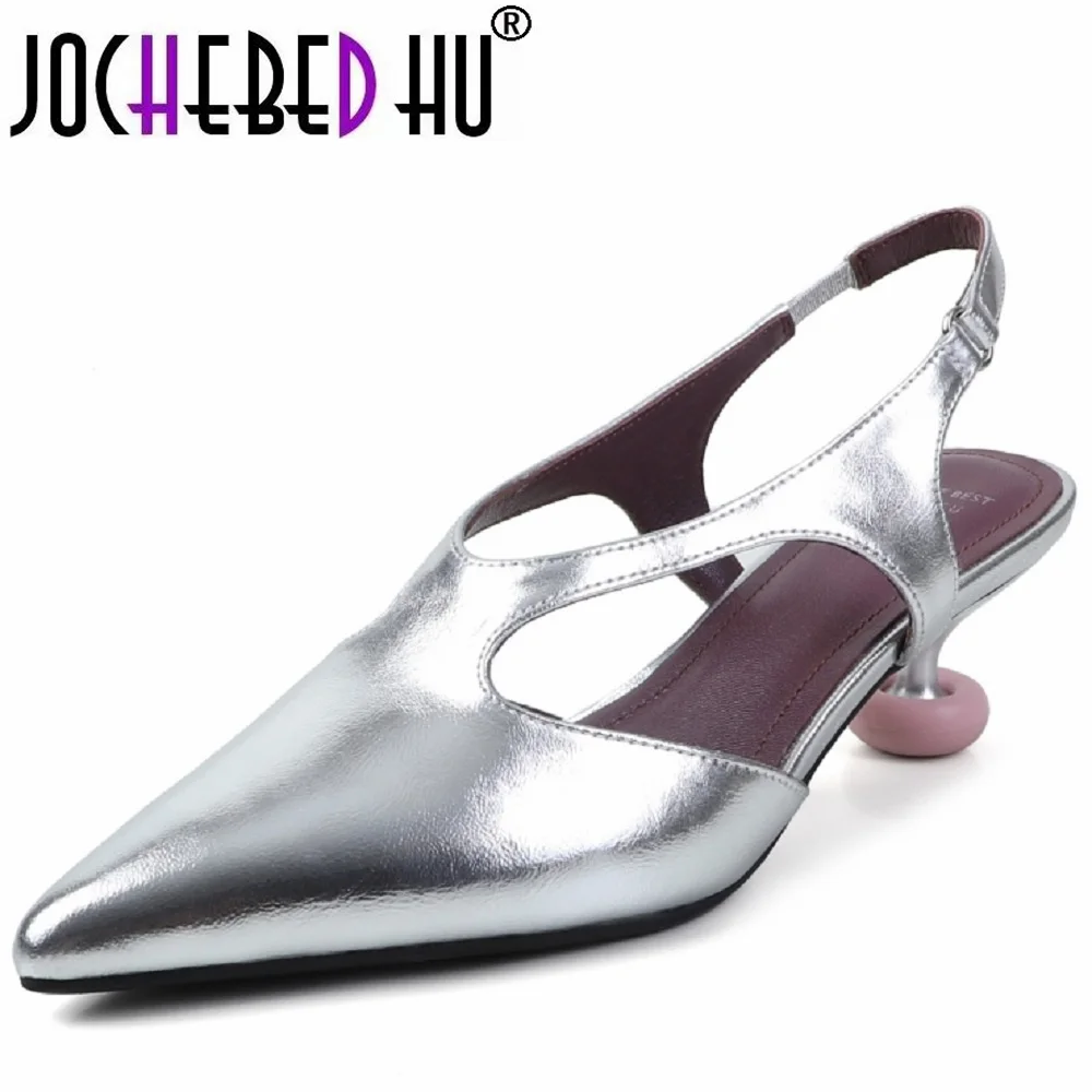 

【JOCHEBED HU】Women's Handmade Genuine Leather Pointed Toe Mid Hells Sandals Elegant Ladies Daily Dress Shoes 34-40