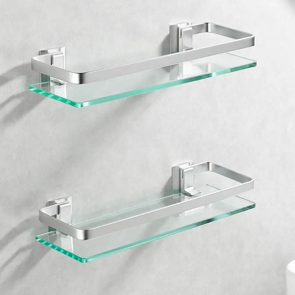 Aluminum Glass Bathroom Storage Rack Tempered Thickened Glass Rectangular Shape Glass Shelf Organizer Wall Mounted Silver
