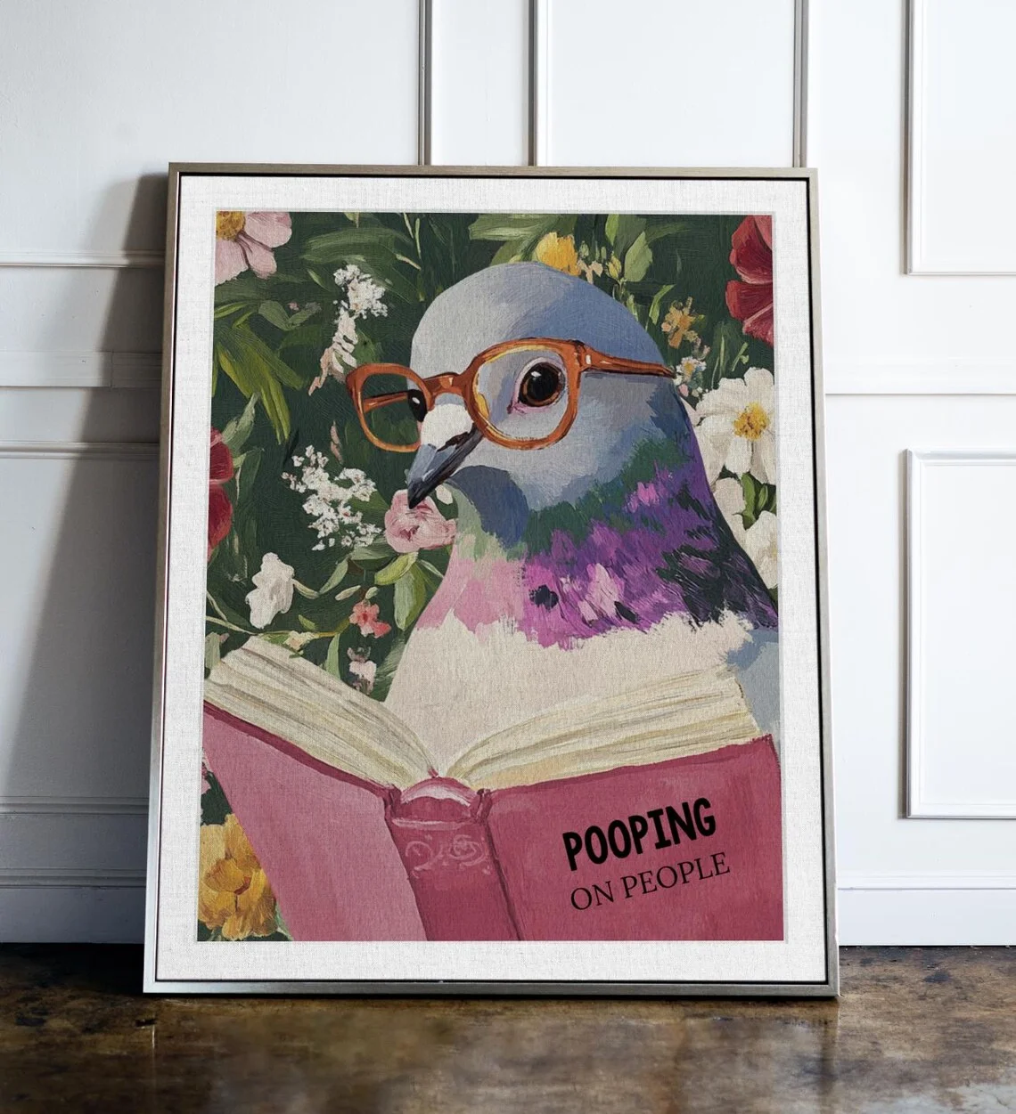 Humorous Pigeon Reading Bathroom Art Print: Quirky Home Decor for Wall, Cheeky Animal Poster