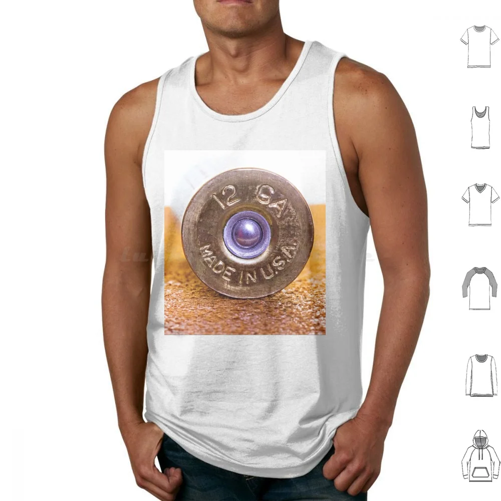 Close Up Of A 12ga Shotgun Shell With Shallow Dof. Tank Tops Vest Sleeveless Metal White Background Sport Shiny Studio Shell