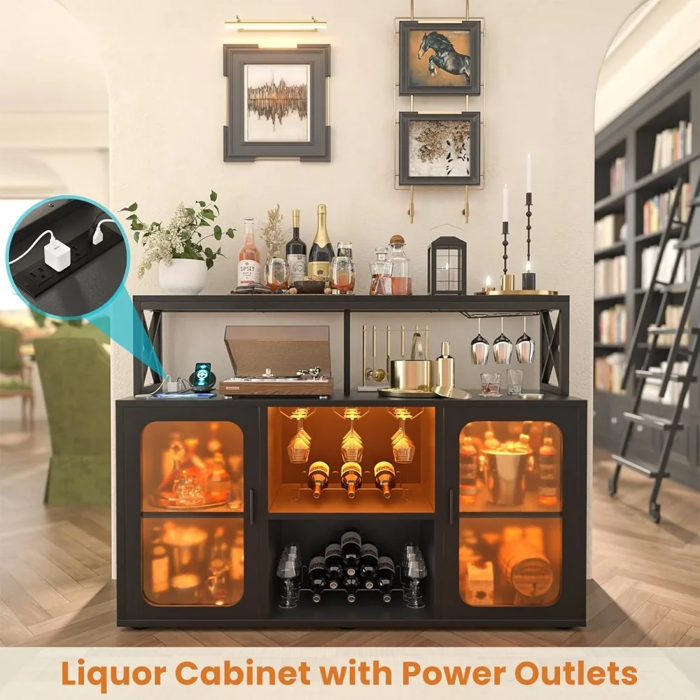 Gabinete de vino familiar con salida USB integrada, gabinete de licor con luces Led y soporte de vidrio, gabinete de vino con bastidores-S1, negro