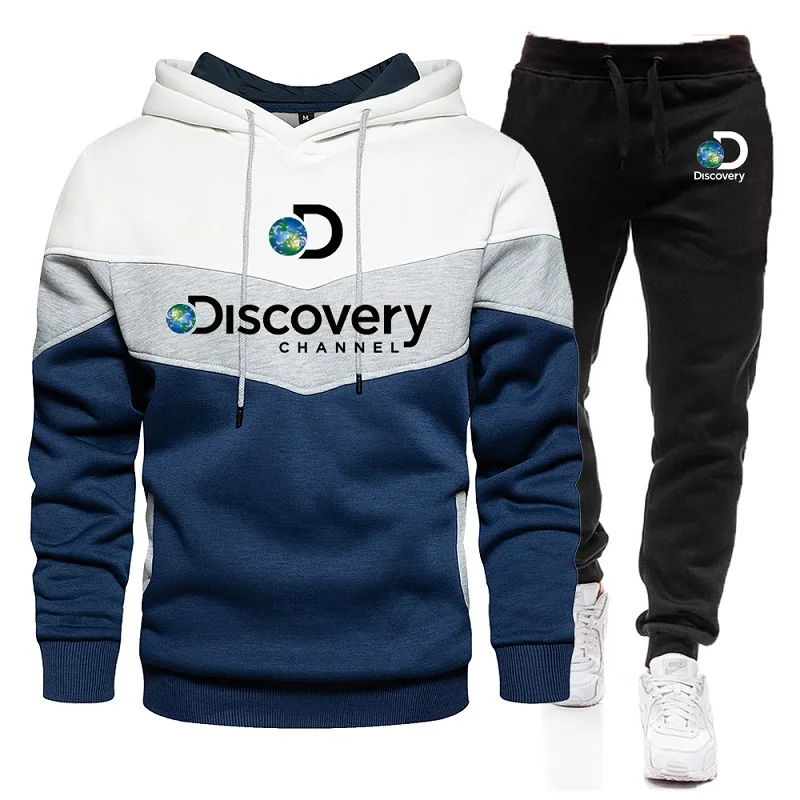 New Autumn/Winter Discovery Channel Patchwork Warm Sportswear Set Men's Hoodie + Sports Pants White Black Red Yellow