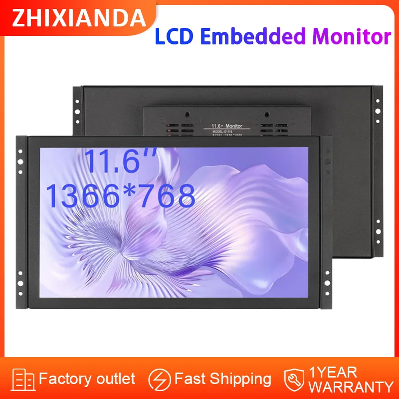Industrial Used Open Frame Monitor 11.6 inch Widescreen 1366*768 LCD Touch Screen Display Metal Case with HDMI/VGA/USB Interface