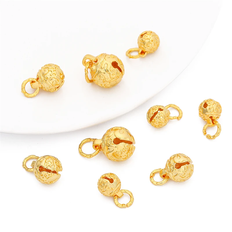 8/10/12mm 18K Gold Plated Copper Jingle Bell Charm Pendant Pet Hanging Bead for Necklace Bracelet DIY Craft Jewelry Making