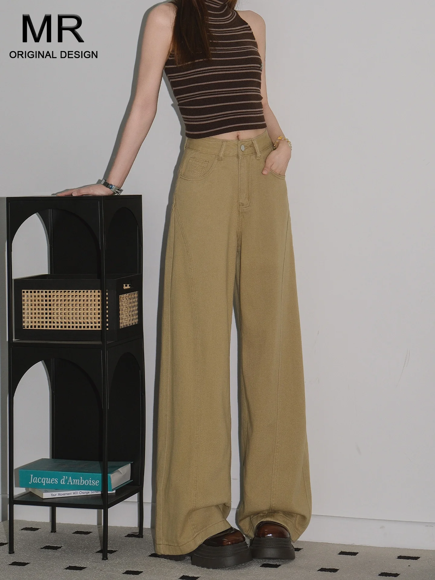 

Khaki American Retro Wide Leg Jeans Women's Summer Hot Girl Loose Slim Straight Pants High Waist Denim Casual High Rise Jeans