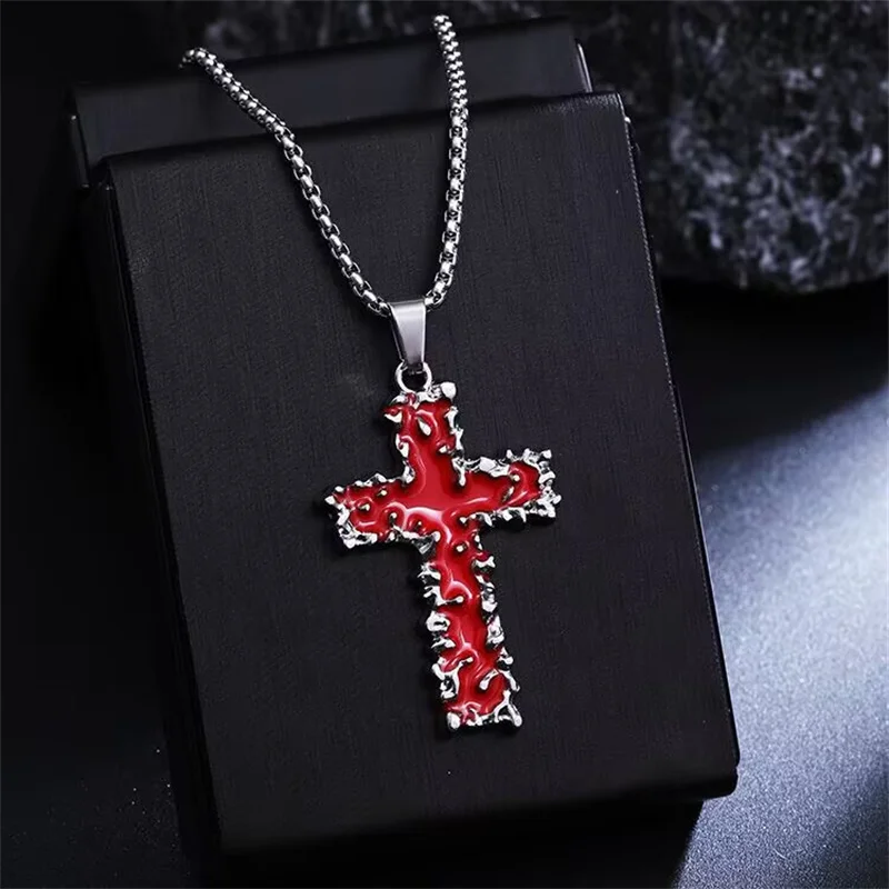 الأزياء القوطية الشرير الأحمر الأسود الحمم البركانية شوكة الصليب قلادة قلادة للرجال والنساء الفولاذ المقاوم للصدأ الهيب هوب سلسلة مجوهرات