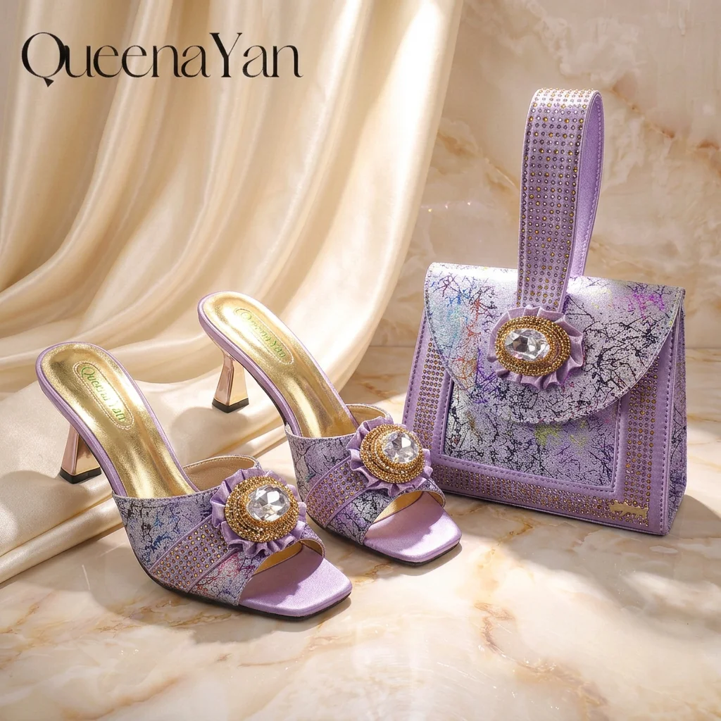 2026 New Lilac Ladies Shoes and Bag SetSparkly Crystal Rhinestone Square Toe Stiletto Women Heels Plus Size for Nigerian Party