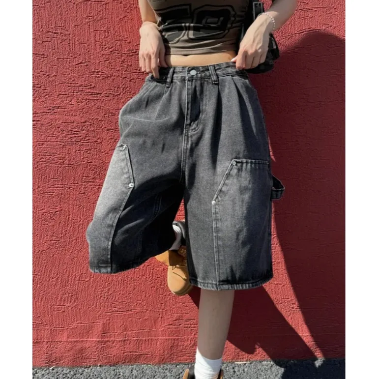 

American High Street Style Casual Wide Leg Workwear Jeans Large Pockets Straight Cut Denim Pants for Women High Waist Five In...