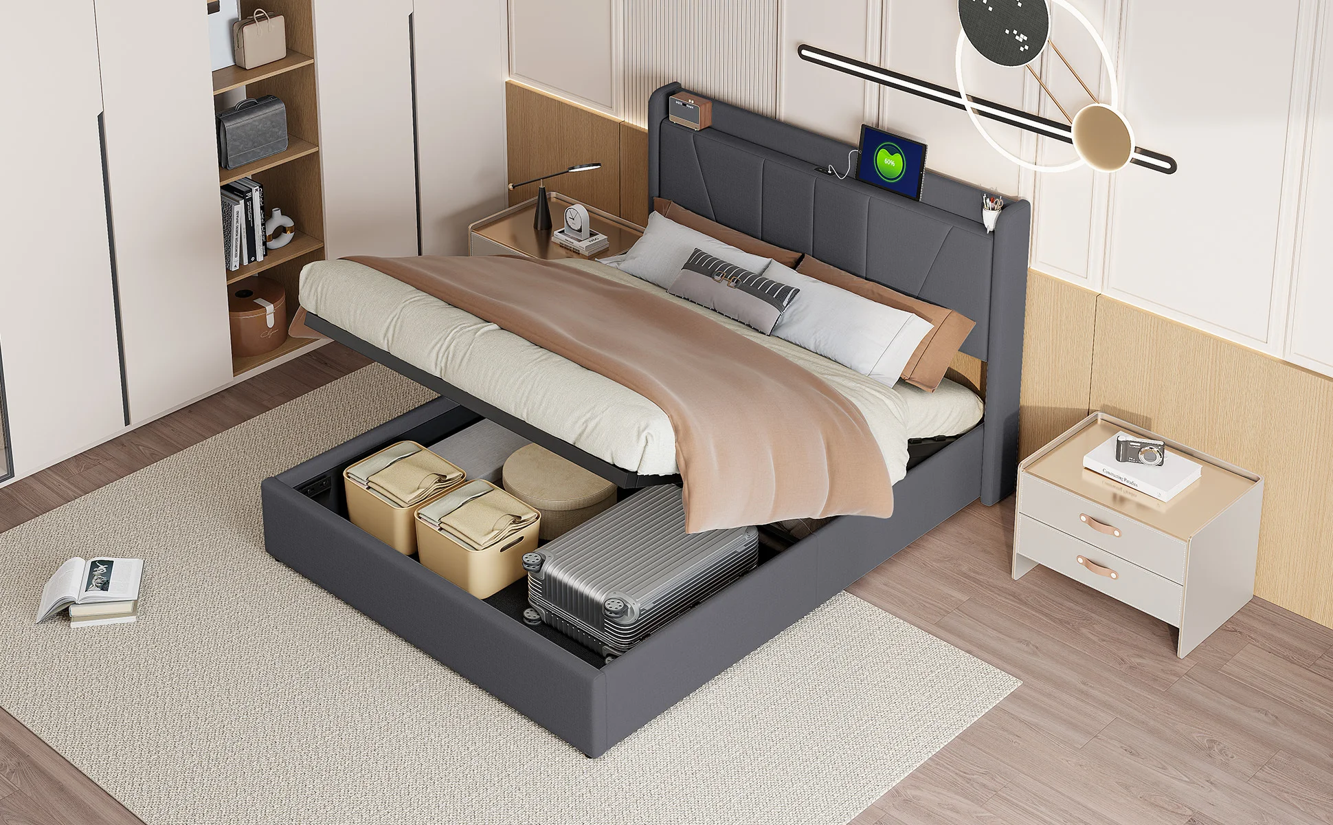 Comanlai Doppelbettgestell 160x200cm Grau Gasdruckfeder-Bett mit Stauraum, 2 USB-Anschlüssen und 1 Typ-C-Anschluss, Gepolstertes Bettgestell – Detail 3