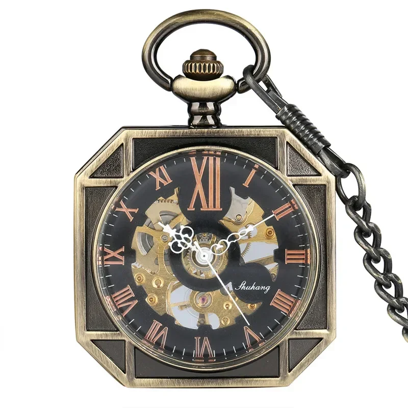 Steampunk Open Face Men Women Hand-winding Mechanical Pocket Watch Roman Numerals Pendant Chain Fob Skeleton Clock