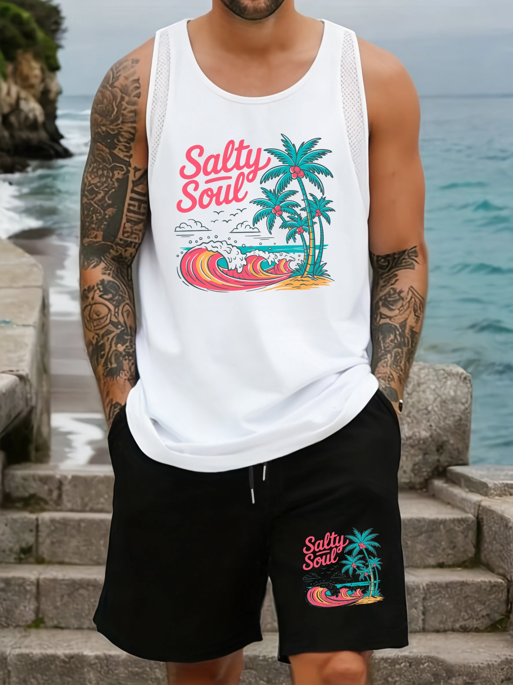 

Salty Soul Coconut Tree Beach Print Vest Set Men Summer Wide-Leg Pant Drawstring Gym Shorts Sleeveless Breathable Mesh Tank Tops