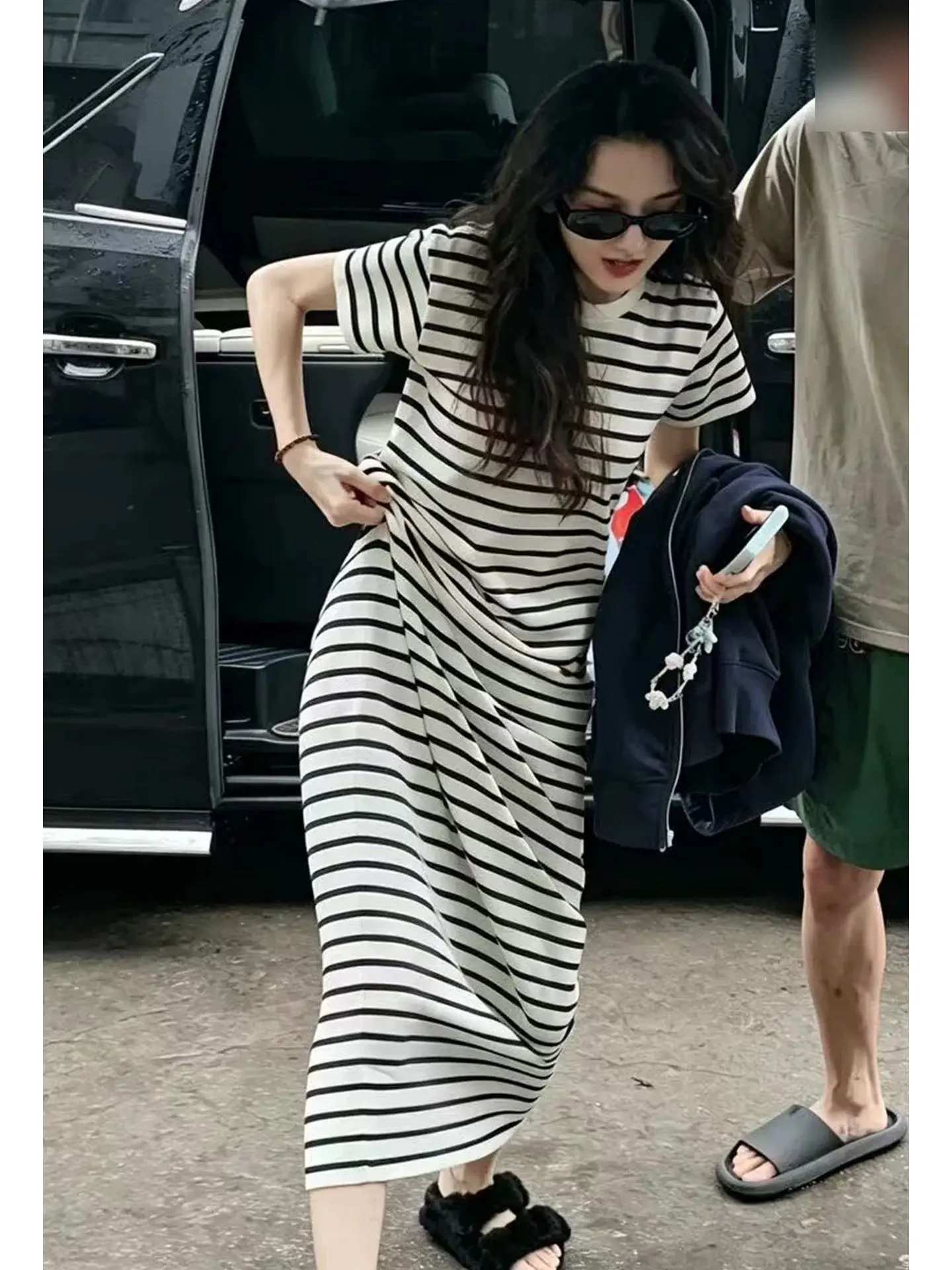 Black White Striped Casual Summer Dress Women's Loose Slimming Long Short Sleeve T-Shirt Dress Comfortable Breathable Long Dress
