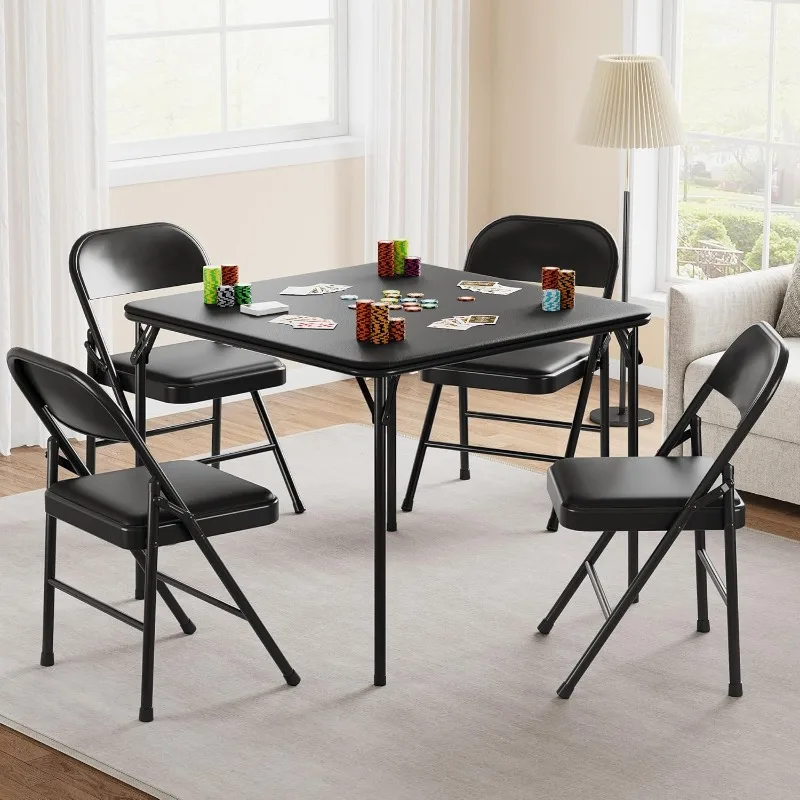 

IDEALHOUSE Folding Portable Card Table and Foldable Chair Set of 5,PU Upholstered Foldable Chairs and Table with Metal Frame,