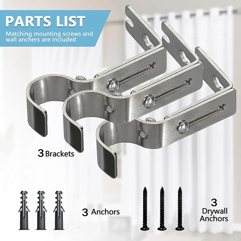 3Piece Silver Curtain Rod Brackets Heavy Duty Curtain Rod Holders For 1 Inch Rod With Installation Screws