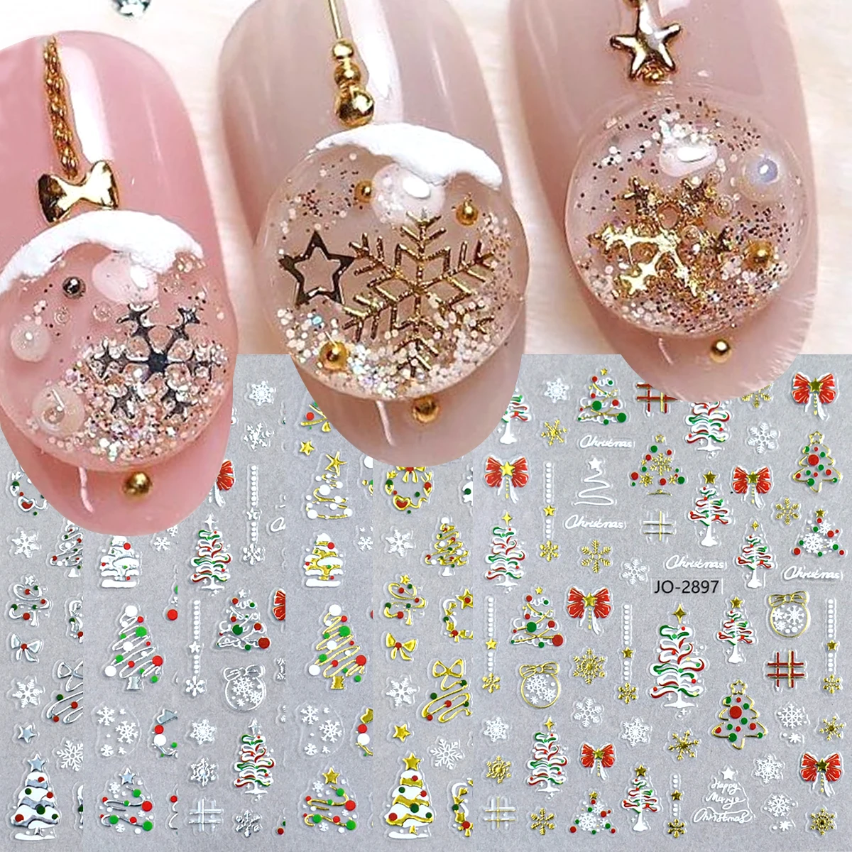 Christmas nail stickers featuring snowflake, Christmas tree, and snow globe designs; winter-themed self-adhesive nail decals.