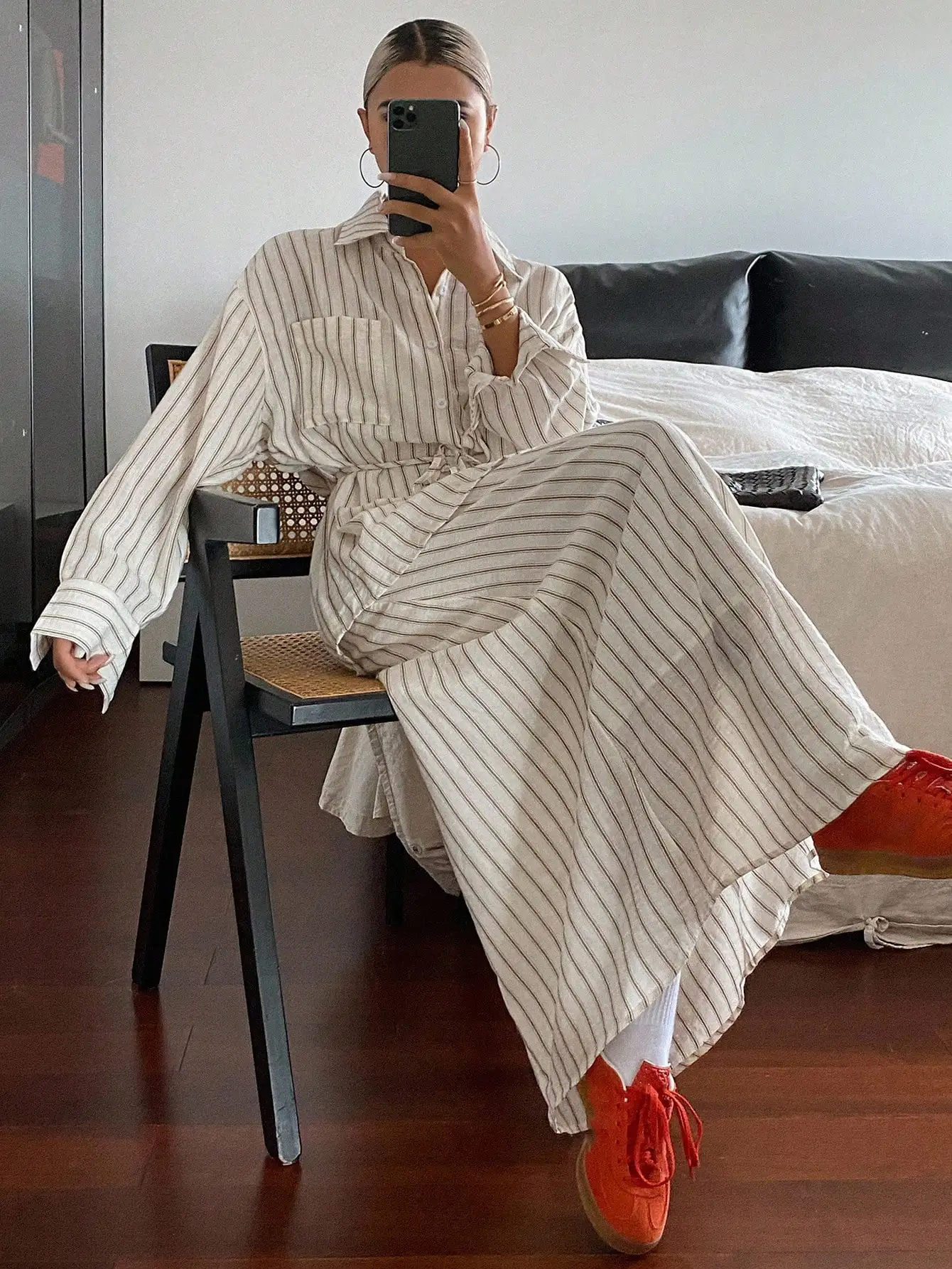 

Women's Casual Striped Shirt And Skirt 2 Piece Set