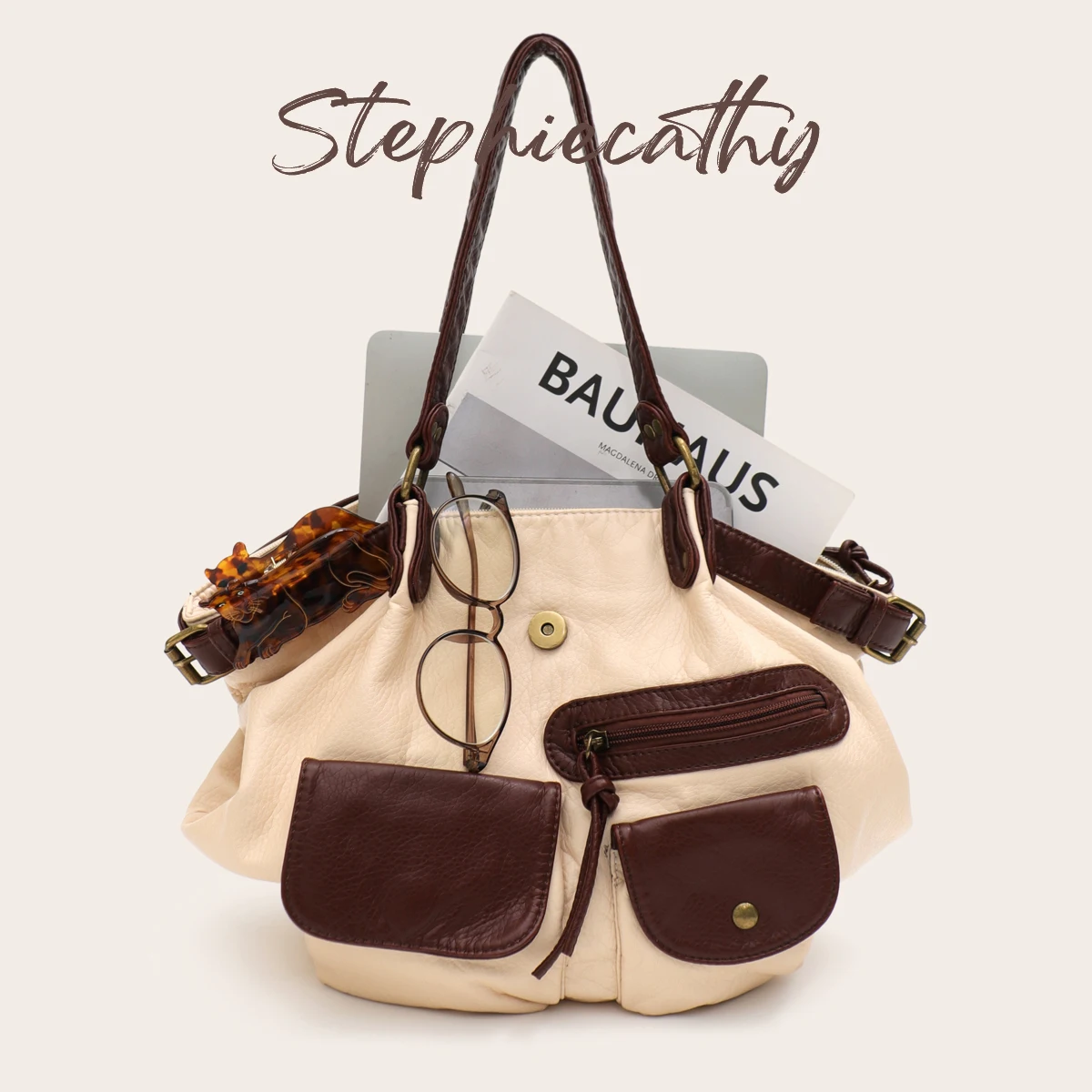 SC Women's Fashion Contrast Color Handbag PU Vegan Leather Tote Multi Pockets Large Casual Daily Shoulder Bag Purse All Season
